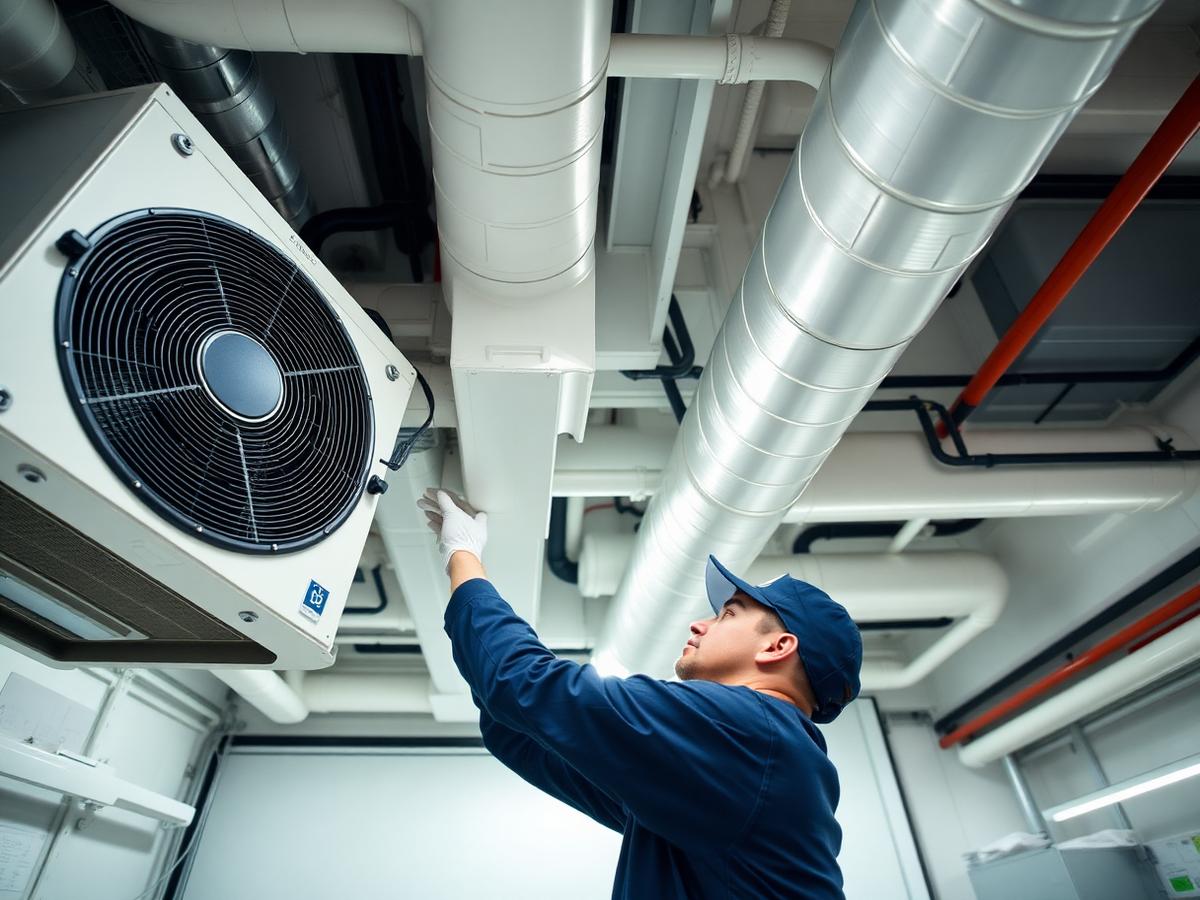 Technician servicing HVAC ductwork